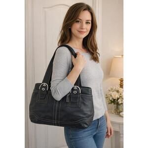 Coach Black Leather Tote Shoulder Purse Silver Hardware